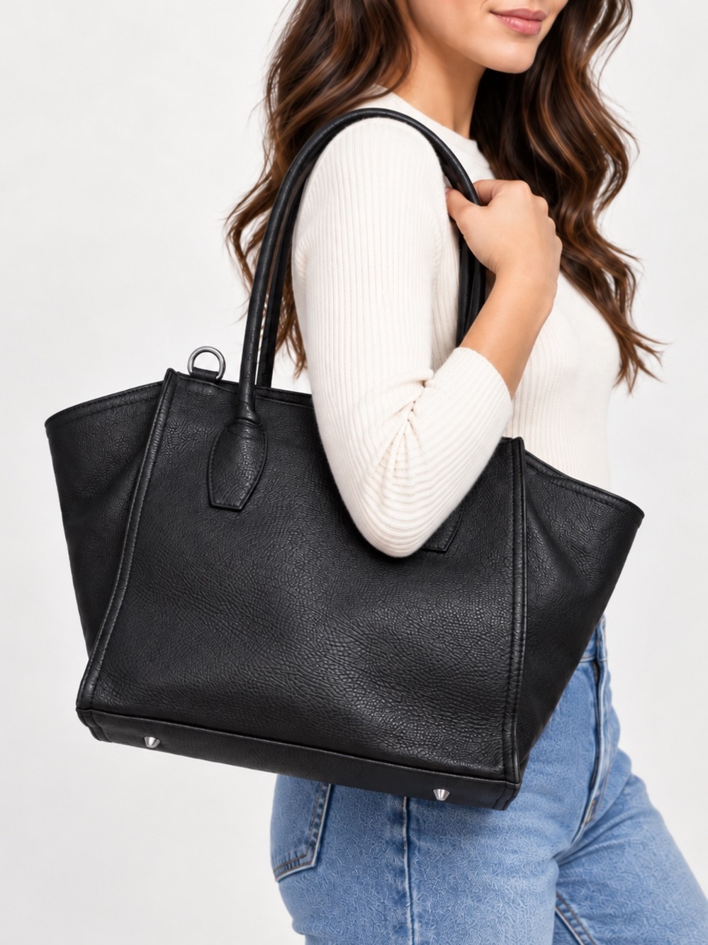 Made in Italy Genuine Leather Black Pebbled Oversized Tote Shoulder Bag